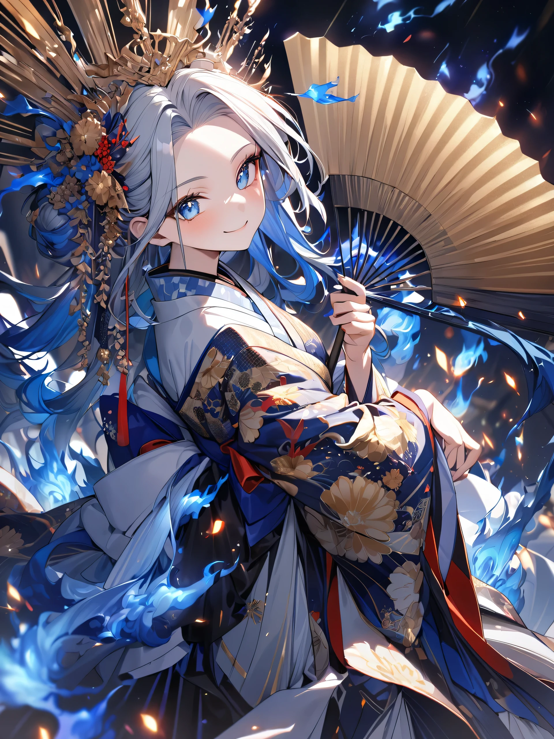 Highest quality, Highest quality, 16K, Unbelievably absurd, Very detailed, 2.5D, delicate and dynamic,Blue Flame,Flame of Demise,woman,22 years old,Elegance,Glittering kimono,Vivid decoration,Shiny Hair,Queen,smile,ridicule,Japan Fan,Reminiscent of death