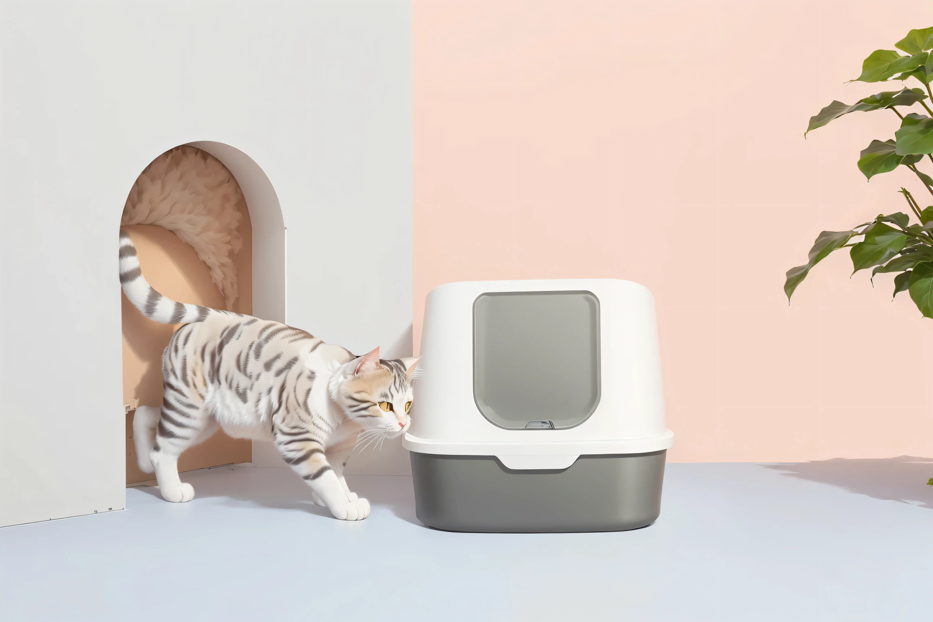 there is a Cat that is standing next to a litter box, Product introduction photos, product photo, Product introduction photoss, Handsome, , Designed for comfort and aesthetics!, Meow, Cat, a Cat, Mixed Art, Cat design, catss, Cats, Official product picture, a Handsome, On a gray background, picture, beast, ocher