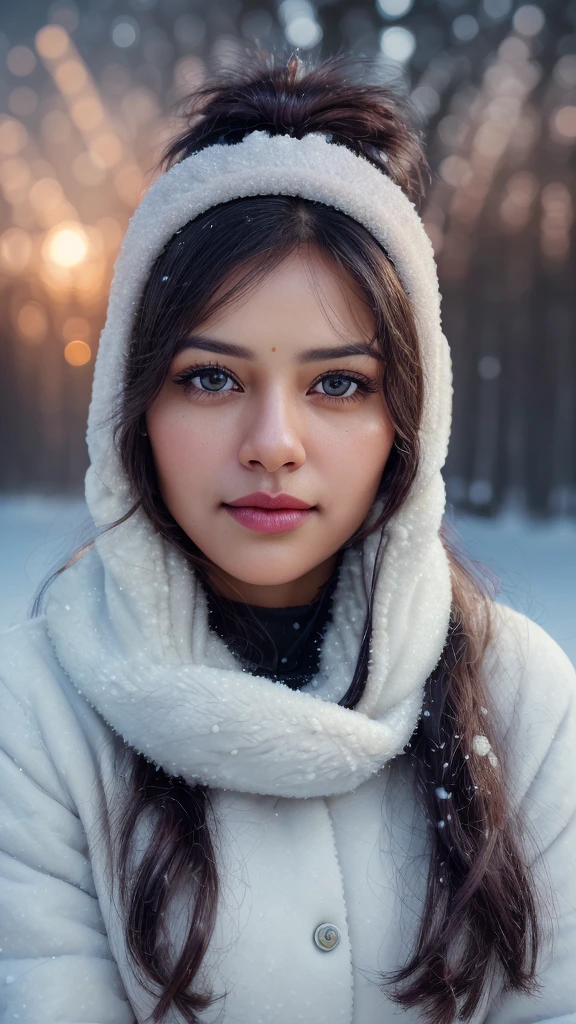 a photo of a woman, outdoor professional portrait, head-shot, slight smile, cute, winter wether,masterpiece, best quality, (colorful), cinematic lighting, extremely detailed CG unity 8k wallpaper, tamnana bhatiya 