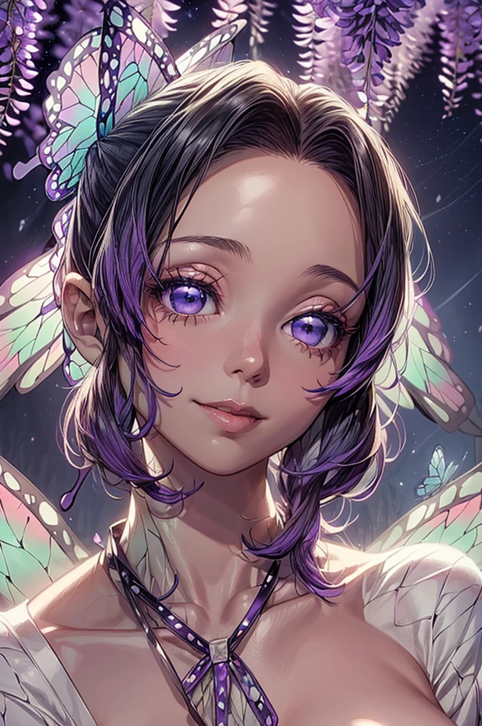 (masterpiece, best quality:1.3), (absurdres absolutely resolution), (8k wallpaper), (detailed beautiful face and eyes), (detailed illustration), (super fine illustration), (vibrant colors), (professional lighting), (increasing the weight makes things worse), BREAK, (shinobu Kocho), (butterfly hair ornament), (purple sparkling eyes), (multicolored hair), (short hair), (parted bangs), (white porcelain skin), shiny hair, medium breasts, (light-pink lips), BREAK, (smile), full body, looking away, depth of field, outdoors, (large full moon:1.3), (moonlight:1.3), (night:1.4). (darkness:1.4), (starry sky:1.3), (((neon lighting butterfly style))), (wisteria), cinematic shadows, (cinematic lighting:1.2), (in ufotable style), BREAK, (white Silk princess line wedding dress:1.3), (white wedding veil:1.3), (Amethyst Necklace), (Amethyst earrings), (Old church),((angel wings:1.4))