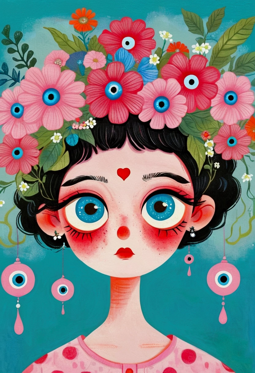 There is a person in the painting wearing a pink flower hat、 with blue eyes, Mab Graves's Surrealism, Winner of the Behance competition, Pop surrealism, Psychedelic illustration, The Third Eye, Color illustrations, mystical The Third Eye, Pop surrealism lowbrow art style, Juster Battle, Portrait of a mysterious giant eye, Whimsical and psychedelic, Third Eye Vision, lowbrow Pop surrealism