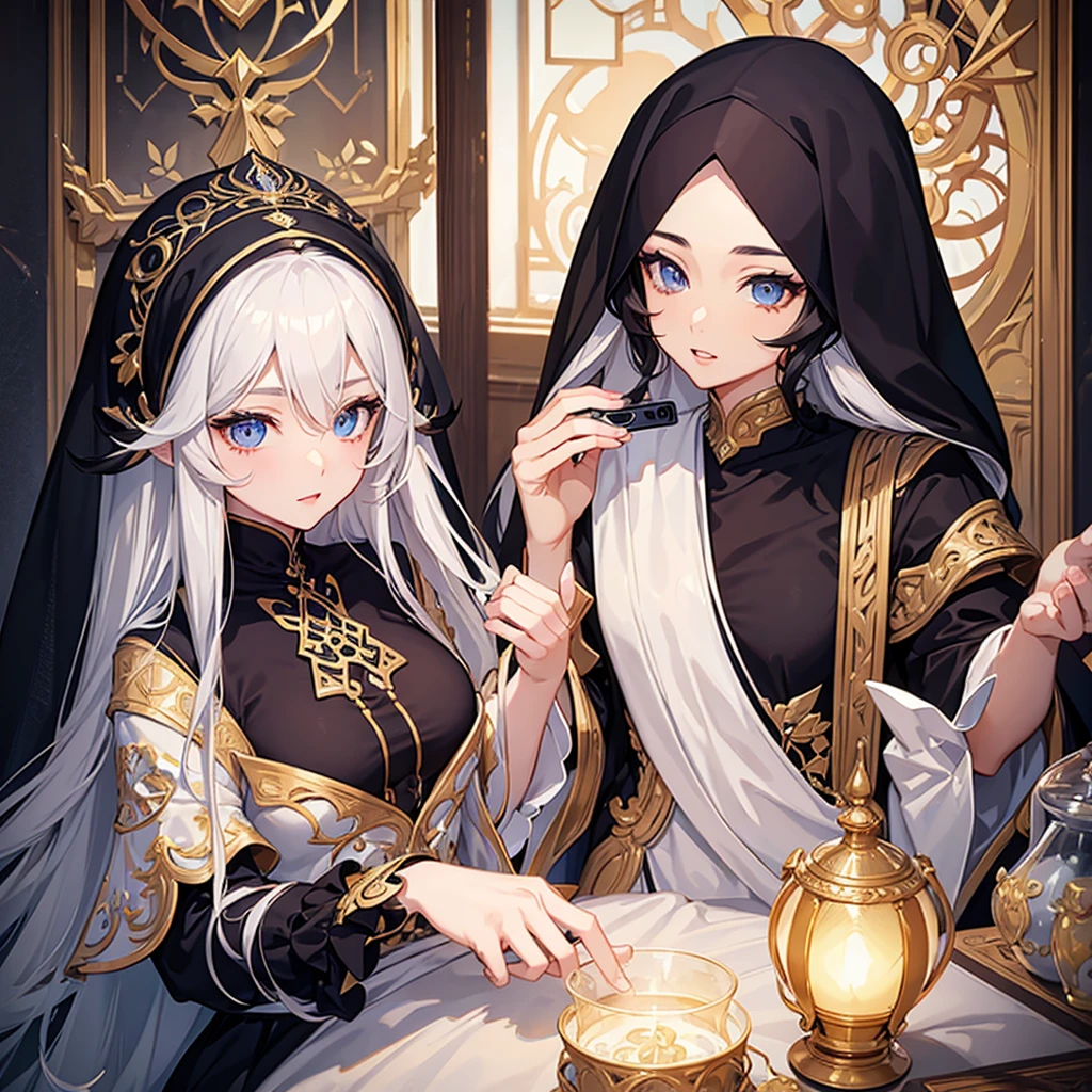a long haired anime boy and hijab wearing girl taking a selfie together, cute romantic couple, beautiful detailed eyes, beautiful detailed lips, extremely detailed eyes and face, long eyelashes, intricate details, photorealistic, 8k, high quality, cinematic lighting, vivid colors, masterpiece, trending on artstation