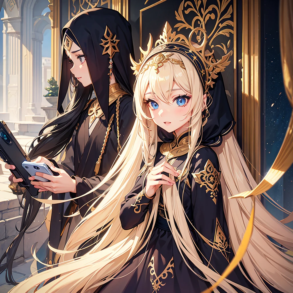 a long haired anime boy and hijab wearing girl taking a selfie together, cute romantic couple, beautiful detailed eyes, beautiful detailed lips, extremely detailed eyes and face, long eyelashes, intricate details, photorealistic, 8k, high quality, cinematic lighting, vivid colors, masterpiece, trending on artstation