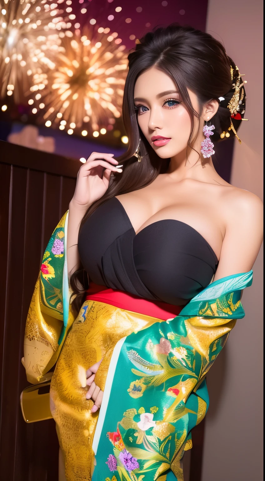 ((masterpiece(:1.4)，Highest quality，Ultra-high resolution，Highest quality，8k，Extremely detailed，In detail))。night，Fireworks display，Japanese，A beautiful woman，slim，Large Breasts(1.6)，sexy，glamorous，Flashy gal makeup，Oiran，Long-sleeved kimono，Uchikake，Gold brocade，Sunny clothes，Hair tying，hairpin，hair ornaments，geta，Oiran道中，Gorgeous and luxurious，(Fireworks displayのnightに河川敷で花火を背景にしたスナップ写真)，Accentuate your chest，Show your shoulderove the dress up to the shoulders，