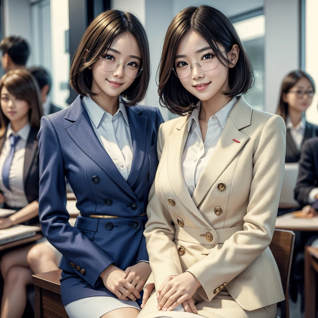 (best quality, masterpiece:1.5), (ultra-detailed, realistic:1.37),4K,(2woman:1.5),japanese,cute,beautiful,(white office uniform:1.2),(skirt),pantyhose,(smile:1.3),(glasses),(big breast),