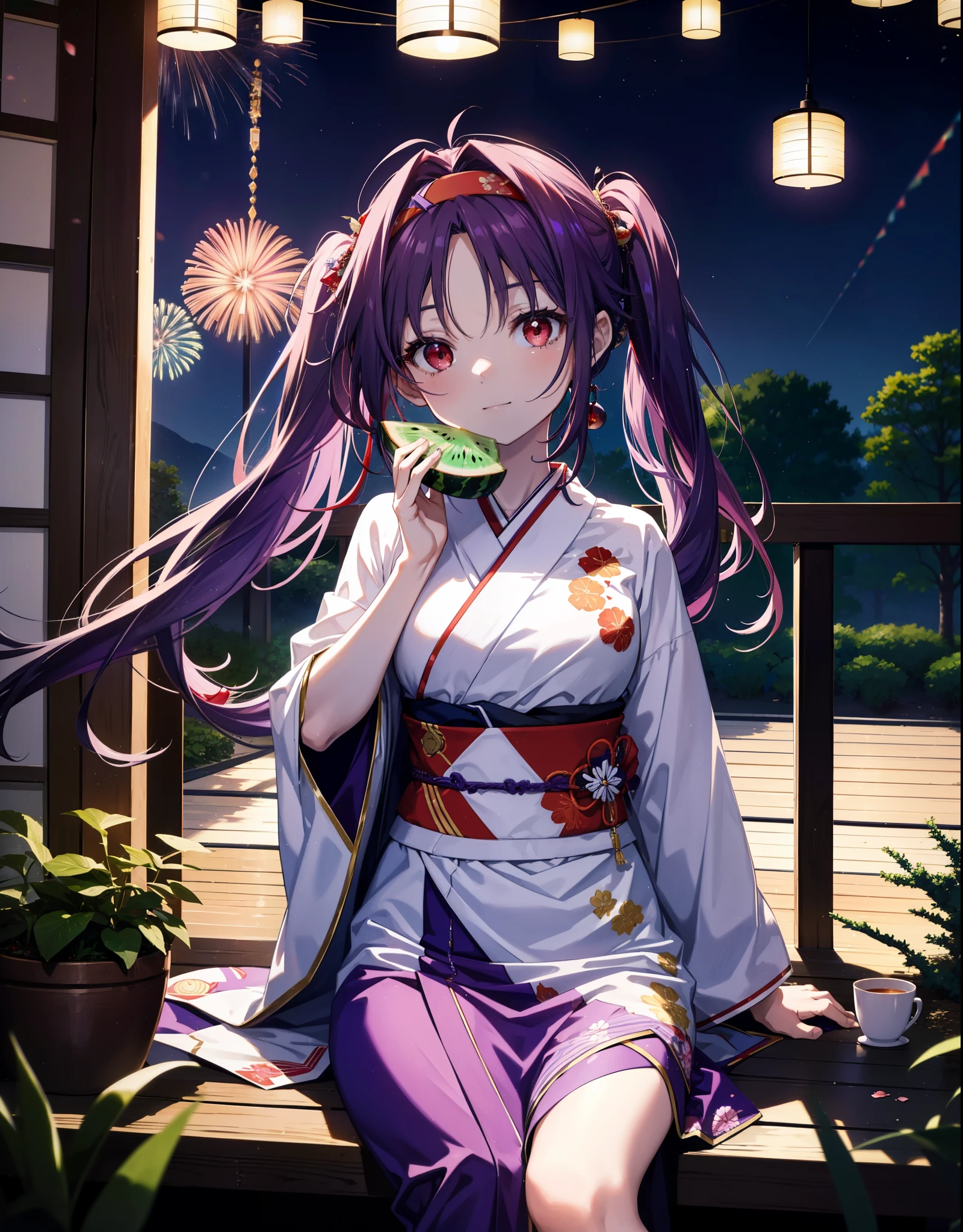 yuukikonno, Yuuki Konno, hair band, Long Hair, Pointed Ears, Purple Hair, (Red eyes:1.5), (Small breasts:1.2),low twin tail,smile,Open your mouth,Purple Kimono,Purple long skirt,Fireworks in the night sky,Fireworks,The place is a fireworks display,Time is night,sunny day,Sitting on a bench,He is eating a triangular piece of watermelon, holding it in both hands.,Wind Chimes,whole bodyがイラストに入るよう,
break looking at viewer, , whole body, (Cowboy Shot:1. 5)
break indoors, Veranda,Japanese garden,
break (masterpiece:1.2), Highest quality, High resolution, unity 8k wallpaper, (figure:0.8), (Beautiful attention to detail:1.6), Highly detailed face, Perfect lighting, Highly detailed CG, (Perfect hands, Perfect Anatomy),