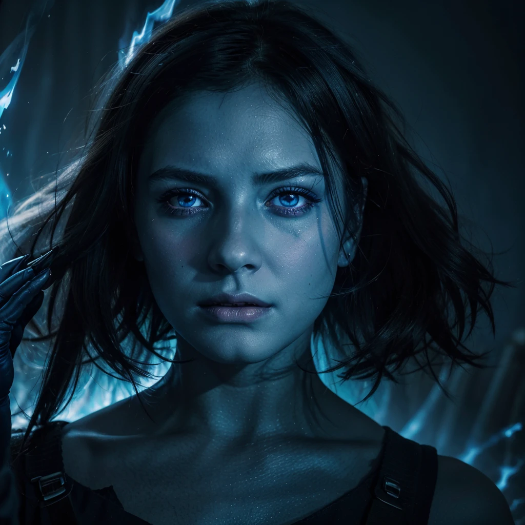 portrait, horror-themed Radiant beautiful dark angel aT amidst a field of blue flame at night, aglow with blue  fire, the dark ethereal form exudes a sense of calm and tranquility in the face of the furious inferno, dark theme, distortion for emotional effect, captures feeling over (form:1.05), style of Artgerm and Ilya Kuvshinov