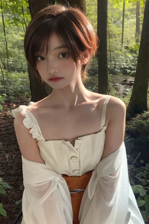 girl, Lovely, orange hair, Very short, Very curly, slim, flat bust, with freckles on the face, with slavic features, with kimono, bare shoulder and chest, Whole body, shows her legs, In the woods.