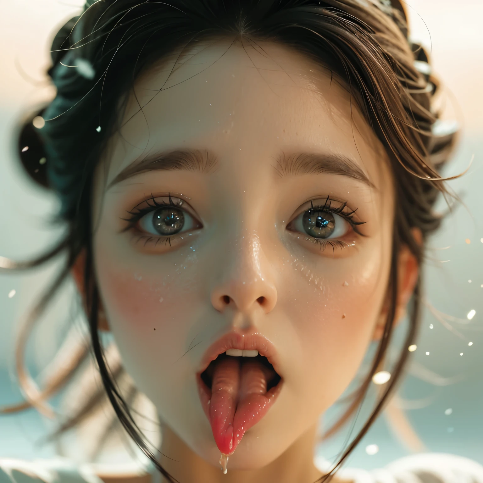 ExtremelyDetailed Kawaii girl Face,(Close-up Sweet lips), glossy lips with beautiful details, Coquettish tongue, Kissing to camera, towards the viewer, 8K TopQuality masterpiece,an extremely delicate and beautiful (ProfessionalPhoto:1.37), {Amazing|finely detail|official art|incredibly absurdres},ultra-detailed close-up shot, close up, (fish eye lens), wide lens, macro lens, Detailed reflective Eyes ElaboratePupils with (sparkling highlights:1.28) (Delicate Voluminous LongEyelashes:0.88), {(Tilted face:1.22)|Visible back of throat|saliva drips|naked shoulder}, (Dripping juice on tongue:1.23) snow particles
