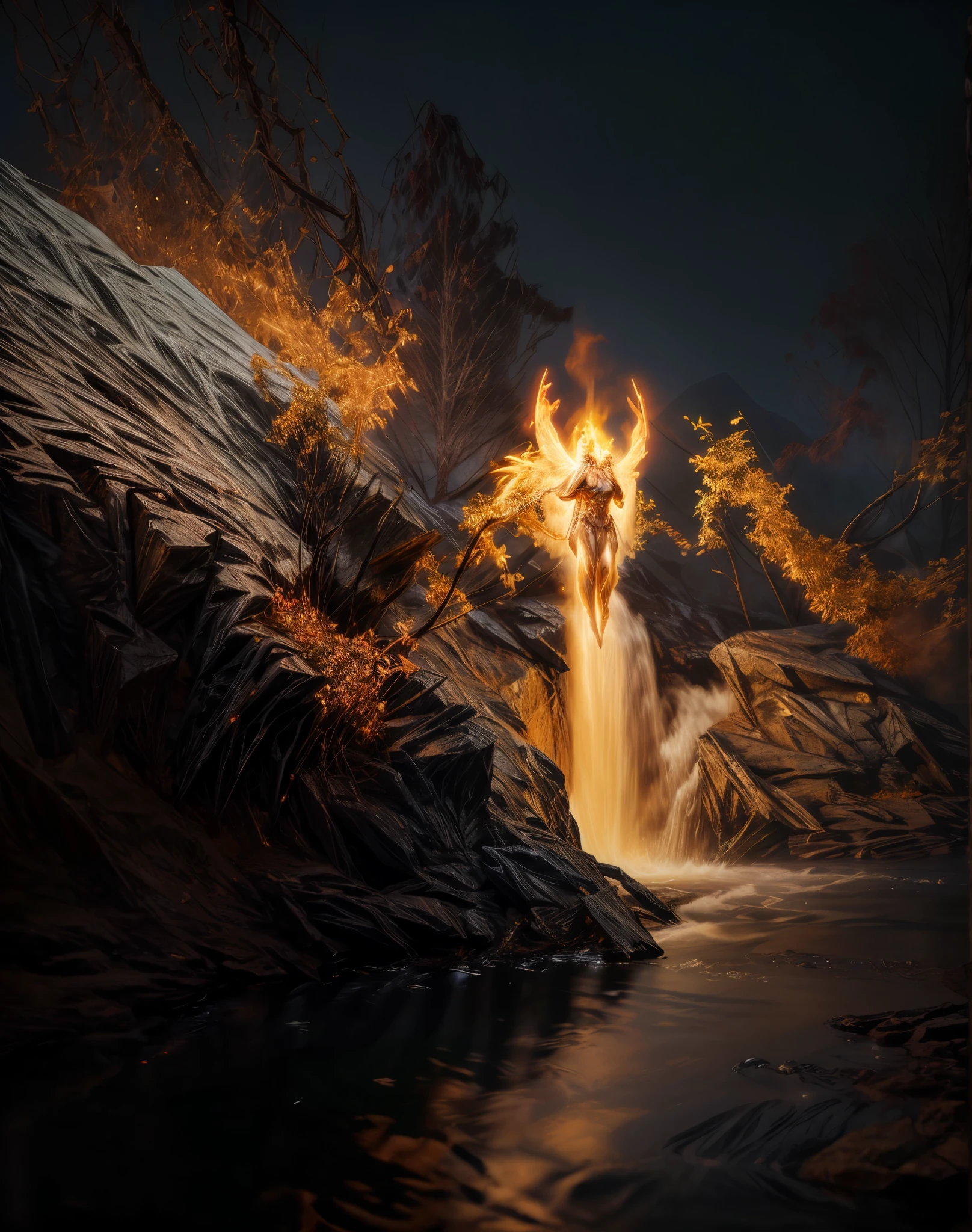 8K, High Quality, Hyper Detailed image of a dark and mysterious forest at night, a young nude woman modeled after Eden McCoy, naked, with short Blonde Hair, with a joyful expression, naked, in the middle of a dense forest, at night, casting a spell in front of a huge bonfire, in the style of Frank Frazetta and Joe Jusko