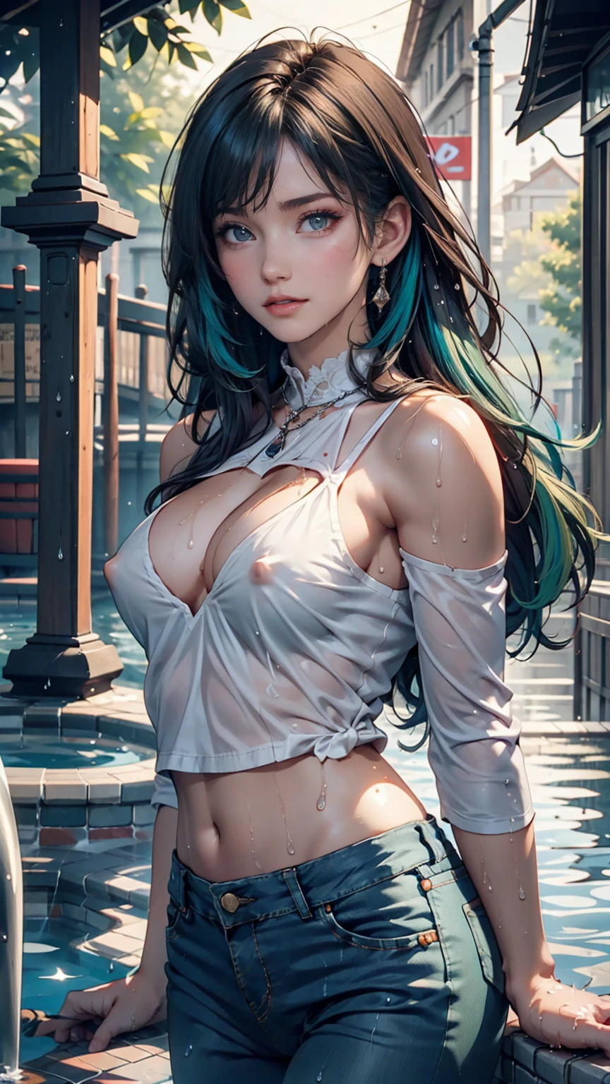 24-year-old woman、Silver Hair(Gets wet and sticks)、Green Eyes、Rainbow Hair((rainbow hair))、Sheer high neck top(Soaking wet、The fabric sticks to the skin and the nipples are visible.)、No sleeve、mature female body、6/8 length skinny jeans、pumps、Soaking wet、Water dripping from the body、Nipple swelling emphasis