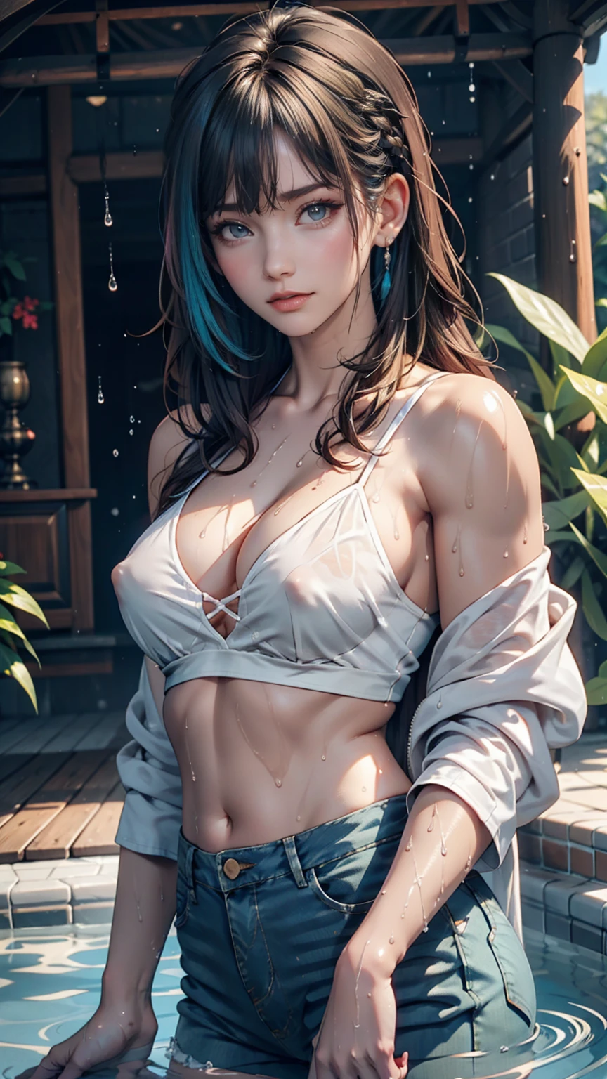 24-year-old woman、Silver Hair(Gets wet and sticks)、Green Eyes、Rainbow Hair((rainbow hair))、Sheer high neck top(Soaking wet、The fabric sticks to the skin and the nipples are visible.)、No sleeve、mature female body、6/8 length skinny jeans、pumps、Soaking wet、Water dripping from the body、Nipple swelling emphasis