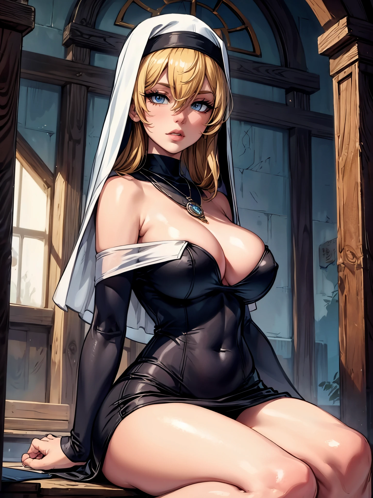(best quality, masterpiece), highly detailed, necklace, large breasts, nun, blonde hair, hair between eyes, own hands together, sitting 、 sultry look, seductive