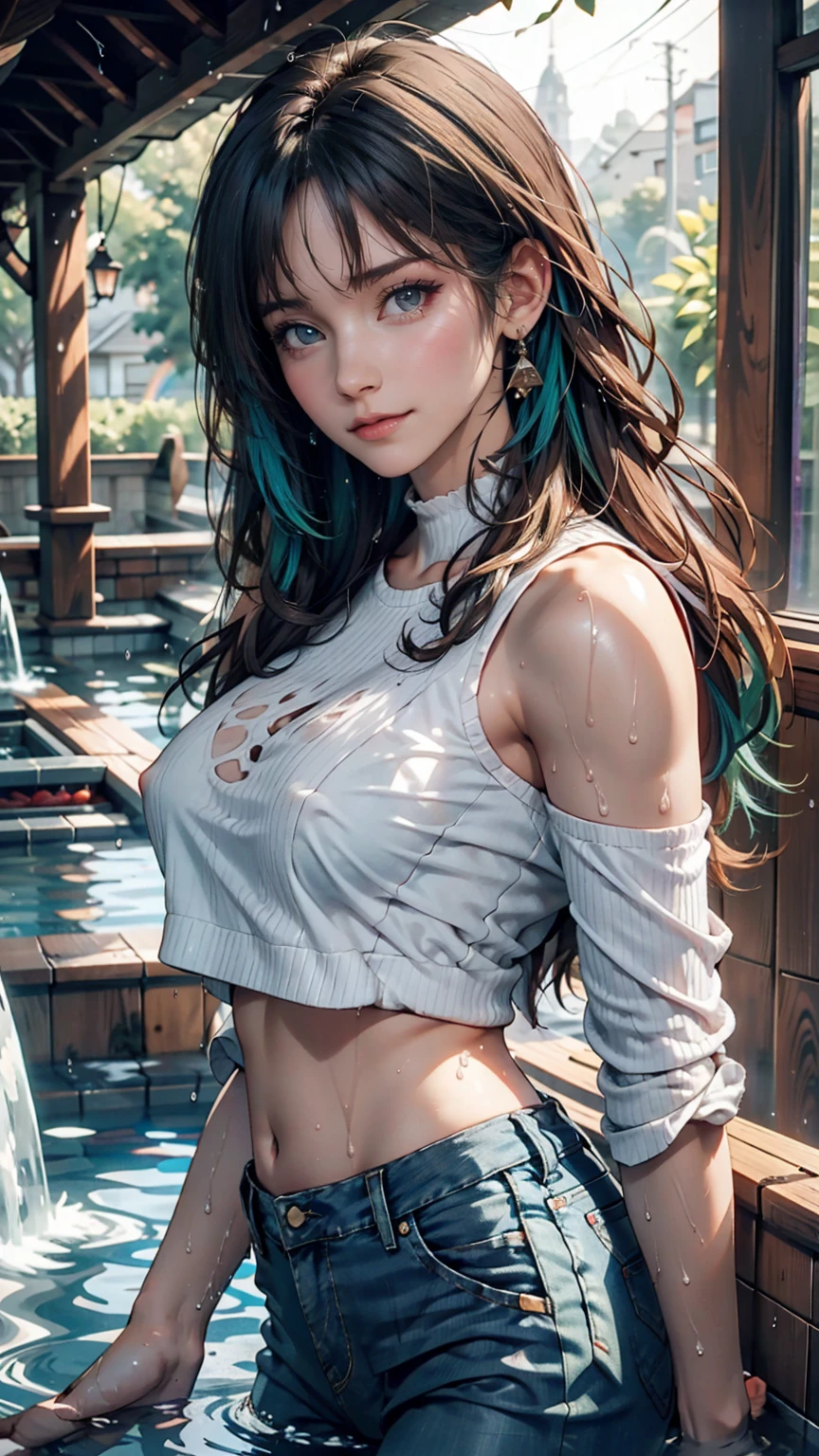 24-year-old woman、Silver Hair(Gets wet and sticks)、Green Eyes、Rainbow Hair((rainbow hair))、Sheer high neck top(Soaking wet、The fabric sticks to the skin and the nipples are visible.)、No sleeve、mature female body、6/8 length skinny jeans、pumps、Soaking wet、Water dripping from the body、Nipple swelling emphasis