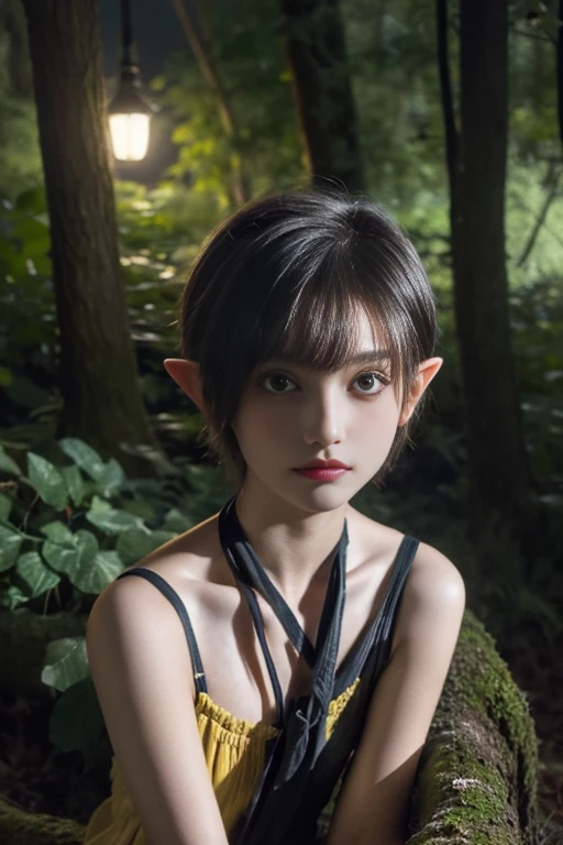  girl, short hair, yellow color, elf face slavic, freckles on the face, Skinny body, small bust, scantily clad, sitting on a tree trunk, in the forest at night, the sky full of stars