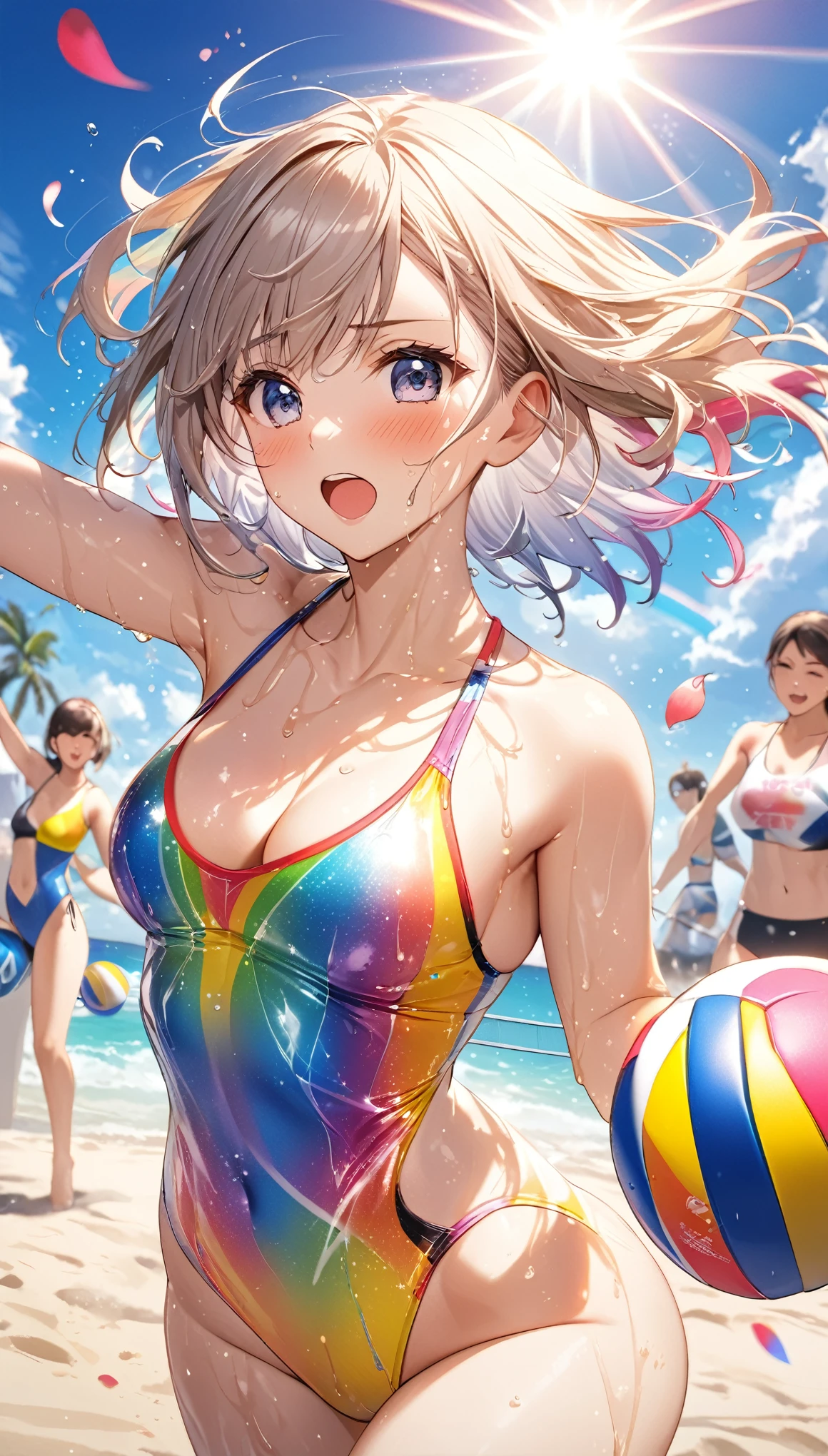(Sports magazine cover photo), Highest quality, Great quality, 16K, Unbelievably absurd, Very detailed, delicate and dynamic, Natural light, Particles reflect light, Diffuse reflection of light, Many rainbow-colored petals fall, Beautiful sandy beach, Shining Sun, Diffuse reflection of light, Create amazing image effects, , Wet, sweating, Beach Volleyball, receive, close(Cute sexy girl, A large, swaying bust, Sensual expression, Cool girl, Severe, passion, dynamic, Flashy swimsuit, ,audience , much-air-laden cheer)