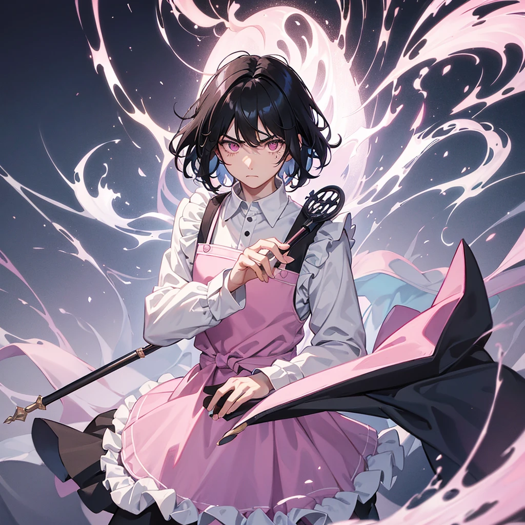 solo,Worried brow,Troubled face,male,Black Hair,Fluffy quirky hair,short hair,Former corporate slave,Dark circles under the eyes,
Magic wand in hand,
Wearing a pink frilly apron