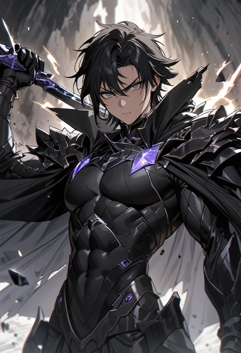(God of Destruction style) (solo:2, 35yo), (very short black hair Strong body divine fighter guy), (serious cool gray eyes, serious face), (bery strong body with God of Destruction), in a Cursed Dark Armor, black Enchanted Cloak with review, (put on back with biggest divine Bastard Blade), break, in the Desolate Wilderness, background Sandstorm, BREAK, perfect anatomy, masterpiece, best quality, 16k, beautiful detailed Shattered World, daydreaming expression.