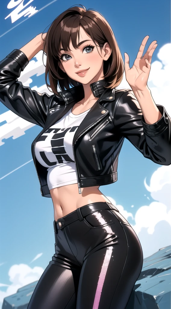 20 years old,1 girl, extremely thick thighs, hyperrealistic, 8k, (extremely detailed 8k), (very delicate and beautiful), (masterpiece), (better quality:1.0), (ultra high resolution:1.0), (masterpiece, best quality), cute,black hair,laugh with open mouth,jumping,gleaming skin,, short sleeve shirt