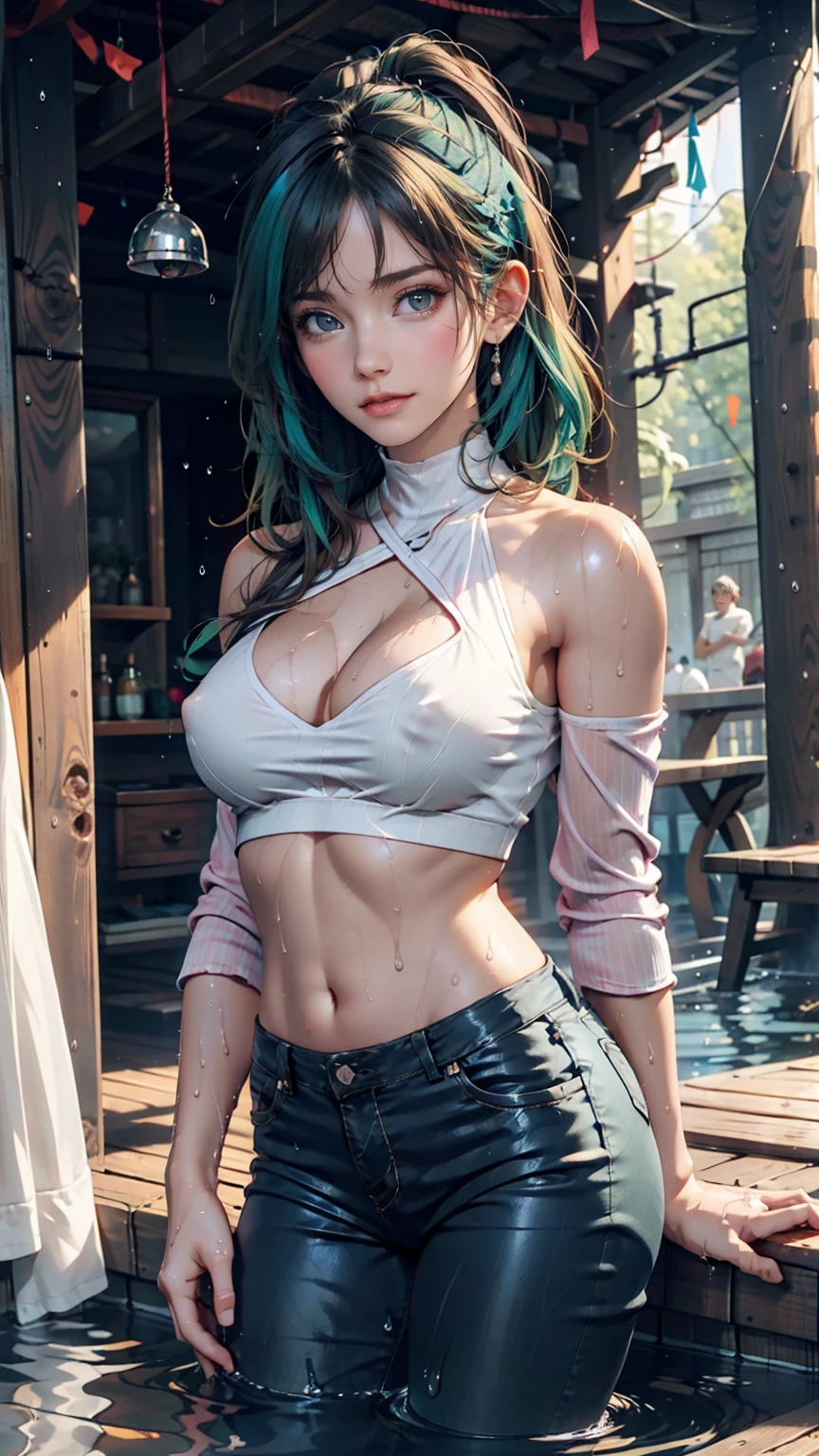 24-year-old woman、Silver Hair(Gets wet and sticks)、Green Eyes、Rainbow Hair((rainbow hair))、Sheer high neck top(Soaking wet、The fabric sticks to the skin and the nipples are visible.)、No sleeve、mature female body、6/8 length skinny jeans、pumps、Soaking wet、Water dripping from the body、Nipple swelling emphasis