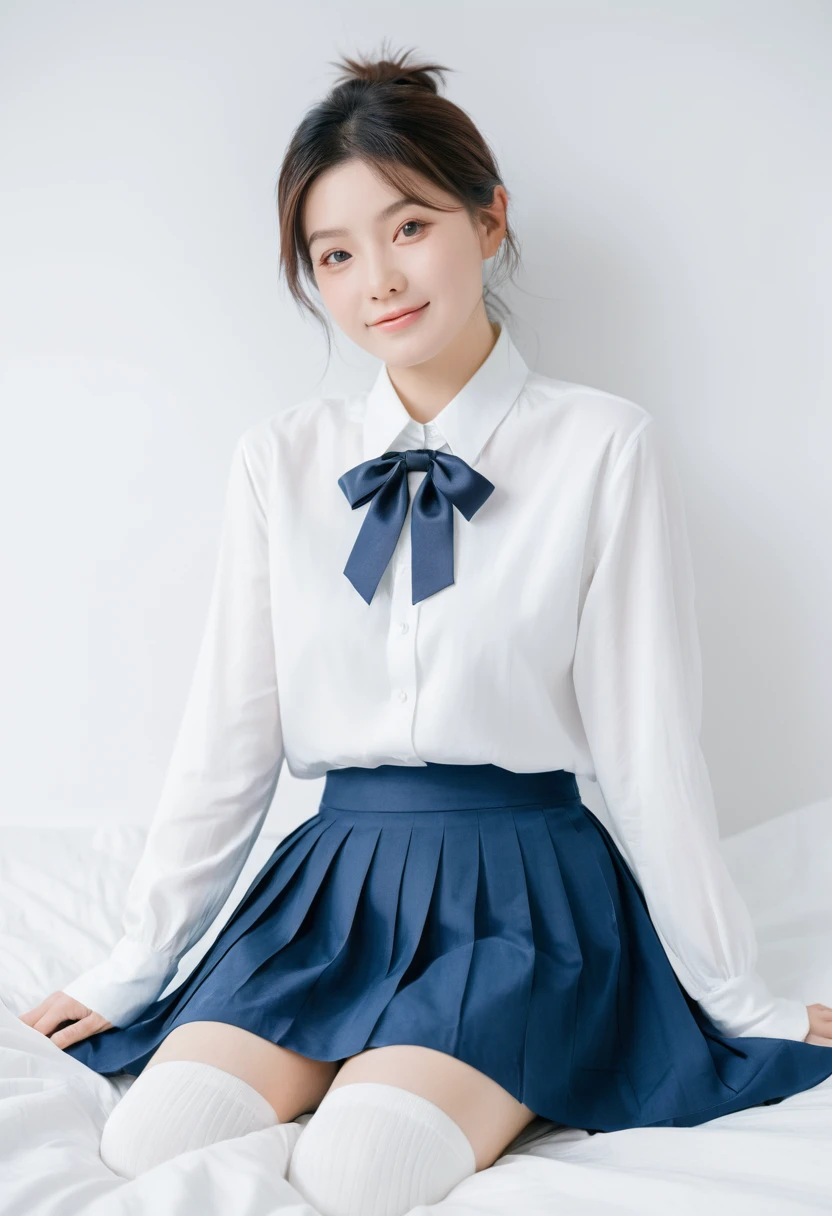 White blouse isolated on white background、Ribbon Ties、a blue skirt、Wear folded white socks、One woman in Japan with faint smile lying on white bed isolated on bright white background、Perfect Anatomy