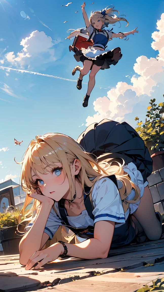 (masterpiece, high quality, Mysterious, Ideal body proportions), (Ultra-high resolution, 8K RAW Photos, Photorealistic, Natural light, Fabric Shading), Wide Shot Photography:1.6, (One beautiful anime girl:1.3, 16 years old, alone:1.5, Mature Woman:1.5, Browsing Caution:1.25, whole body:1.3), Glowing Skin, break, ((Alice in Wonderland:1.3, Cute girl, cute, Lovely, interesting, Girl Falling From the Sky:1.5, Girl Flying in the Sky:1.5, The girl is floating in the air:1.1, The wind lifts up the skirt:1.5, (Embarrassed:1.3), Amazing, Put on an apron and put your hand on your crotch:1.35)), break, ((Trump, trump card, Tea cup, you can, teaspoon, Small Clock:1.3, Lipstick, Candy:1.2, クッKey, Jam jar, Key)), ((Royal Blue Dress :1.5, Wearing a long flared skirt:1.3, White apron, White Stockings)), (Medium-length platinum blonde hair:1.2, Twin tail hair:1.6, Her hair was tied with a big ribbon), (blue eyes, Bright eyes with highlights, Detailed eyes), (Lie on your back:1.4, Leaning forward:1.2, Stand up straight and spread your legs:1.5), ((Dutch Angle:1.5, whole body:1.3, Crotch focus:1.3, From below:1.5, Poor posture)), Cinematic imagery, Exotic Wallpaper, colorful, Pop Art, Great art, (Fantasy Images:1.5), ((Correct Anatomy:1.5, Perfect Anatomy:1.3, The right move, Small feet:1.2)), 