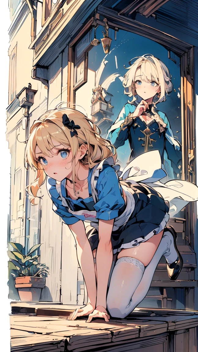 (masterpiece, high quality, Mysterious, Ideal body proportions), (Ultra-high resolution, 8K RAW Photos, Photorealistic, Natural light, Fabric Shading), Wide Shot Photography:1.6, (One beautiful anime girl:1.3, 16 years old, alone:1.5, Mature Woman:1.5, Browsing Caution:1.25, whole body:1.3), Glowing Skin, break, ((Alice in Wonderland:1.3, Cute girl, cute, Lovely, interesting, Girl Falling From the Sky:1.5, Girl Flying in the Sky:1.5, The girl is floating in the air:1.1, The wind lifts up the skirt:1.5, (Embarrassed:1.3), Amazing, Put on an apron and put your hand on your crotch:1.35)), break, ((Trump, trump card, Tea cup, you can, teaspoon, Small Clock:1.3, Lipstick, Candy:1.2, クッKey, Jam jar, Key)), ((Royal Blue Dress :1.5, Wearing a long flared skirt:1.3, White apron, White Stockings)), (Medium-length platinum blonde hair:1.2, Twin tail hair:1.6, Her hair was tied with a big ribbon), (blue eyes, Bright eyes with highlights, Detailed eyes), (Lie on your back:1.4, Leaning forward:1.2, Stand up straight and spread your legs:1.5), ((Dutch Angle:1.5, whole body:1.3, Crotch focus:1.3, From below:1.5, Poor posture)), Cinematic imagery, Exotic Wallpaper, colorful, Pop Art, Great art, (Fantasy Images:1.5), ((Correct Anatomy:1.5, Perfect Anatomy:1.3, The right move, Small feet:1.2)),