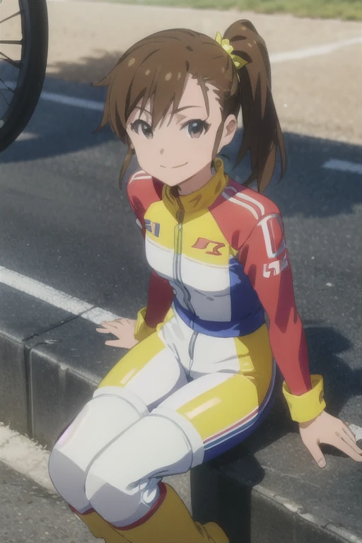 (((pixel-perfect, detail-perfect))), solo, 1girl, mami futami, motogp outfit, elbows pads, knee pads, boots, gloves, long sleeves, racing bike, sitting on bike, looking at viewer, smile, pants