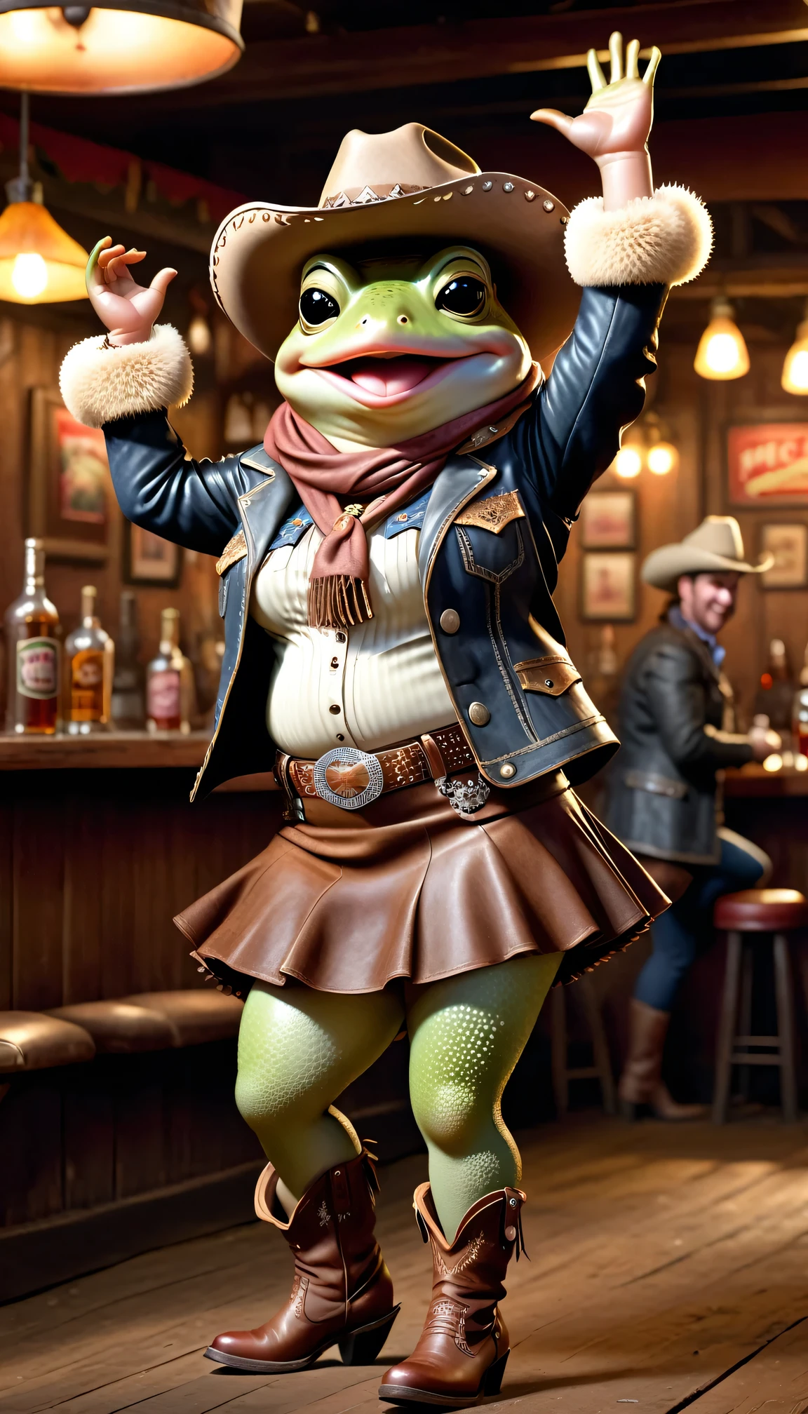photorealistic portrait of ((Dressed animals)) - a ((fat))baby ((frog)) cowgirl, (furry),(full body image:2.0),(dancing pose:1.5) Wearing cowboy clothes and hat,(wearing leather short skirt and jacket),(swinging arms up:1.5),(happy),(smile:1.5), Old-fashioned cowboy's leather boots, in western movie bar background, , western style bar background,(looking at viewer:1.5),score_9, score_8_up, score_7_up, score_6_up, score_5_up, score_4_up,