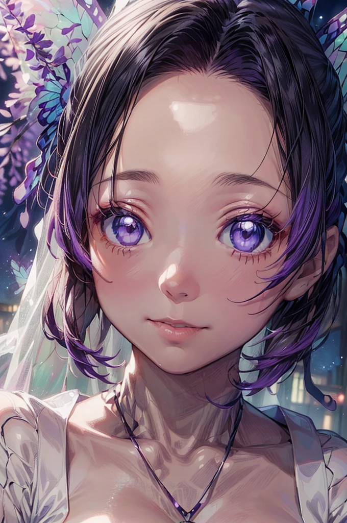 (masterpiece, best quality:1.3), (absurdres absolutely resolution), (8k wallpaper), (detailed beautiful face and eyes), (detailed illustration), (super fine illustration), (vibrant colors), (professional lighting), (increasing the weight makes things worse), BREAK, (shinobu Kocho), (butterfly hair ornament), (purple sparkling eyes), (multicolored hair), (short hair), (parted bangs), (white porcelain skin), shiny hair, medium breasts, (light-pink lips), BREAK, (smile), full body, looking away, depth of field, outdoors, (large full moon:1.3), (moonlight:1.3), (night:1.4). (darkness:1.4), (starry sky:1.3), (((neon lighting butterfly style))), (wisteria), cinematic shadows, (cinematic lighting:1.2), (in ufotable style), BREAK, (white Silk princess line wedding dress:1.3), (white wedding veil:1.3), (Amethyst Necklace), (Amethyst earrings), (Old church),((angel wings:1.4))