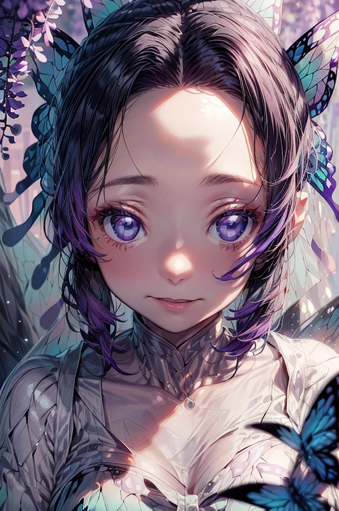 (masterpiece, best quality:1.3), (absurdres absolutely resolution), (8k wallpaper), (detailed beautiful face and eyes), (detailed illustration), (super fine illustration), (vibrant colors), (professional lighting), (increasing the weight makes things worse), BREAK, (shinobu Kocho), (butterfly hair ornament), (purple sparkling eyes), (multicolored hair), (short hair), (parted bangs), (white porcelain skin), shiny hair, medium breasts, (light-pink lips), BREAK, (smile), full body, looking away, depth of field, outdoors, (large full moon:1.3), (moonlight:1.3), (night:1.4). (darkness:1.4), (starry sky:1.3), (((neon lighting butterfly style))), (wisteria), cinematic shadows, (cinematic lighting:1.2), (in ufotable style), BREAK, (white Silk princess line wedding dress:1.3), (white wedding veil:1.3), (Amethyst Necklace), (Amethyst earrings), (Old church),((angel wings:1.4))