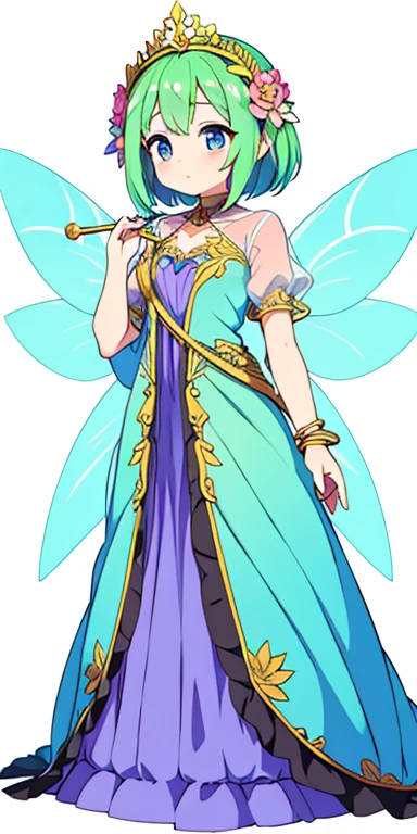 Full body, beautiful eyes , 1 girl  , full body , cute girl , anime style , cute eyes  , (standing up) , (Fairy Guardians are dressed in elegant, nature-inspired outfits. They wear flowing garments in pastel colors, adorned with floral and leaf motifs. Their attire often includes accessories such as flower crowns, vine bracelets, and shimmering, translucent wings attached to their backs. Some may carry wands or staffs decorated with crystals and flowers.) , ballgown