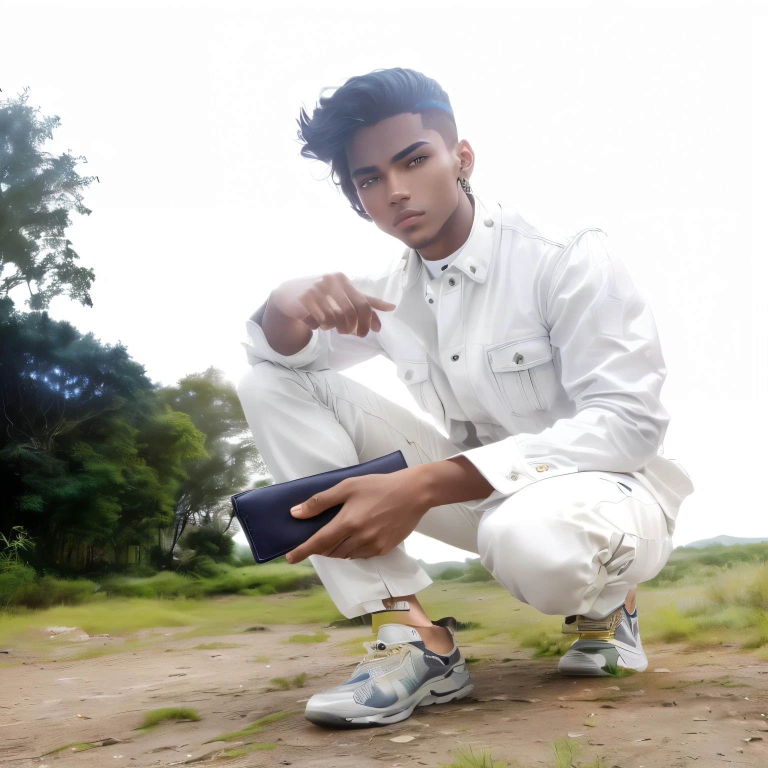 there is a man kneeling down with a wallet in his hand, with lovely look, stylish pose, very artistic pose, with a cool pose, Futuristic background face enhancing 8k ultra high quality hd
