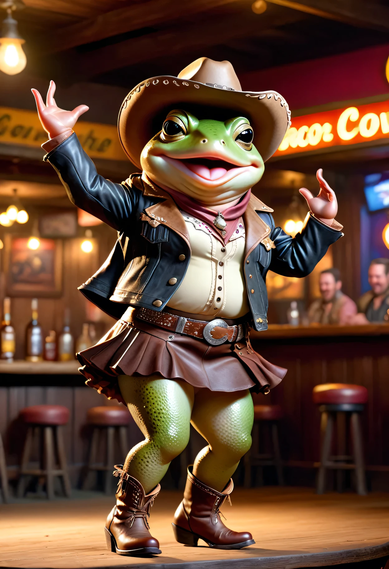 photorealistic portrait of ((Dressed animals)) - a ((fat))baby ((frog)) cowgirl, (furry),(full body image:2.0),(dancing pose:1.5) Wearing cowboy clothes and hat,(wearing leather short skirt and jacket),(swinging arms up:1.5),(happy),(smile:1.5), Old-fashioned cowboy's leather boots, in western movie bar background, , western style bar background,(looking at viewer:1.5),score_9, score_8_up, score_7_up, score_6_up, score_5_up, score_4_up,