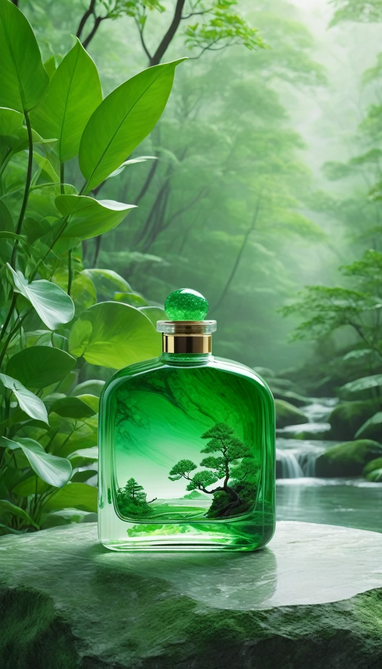 A serene and peaceful minimalist journey is depicted in this artwork. The center of the composition showcases a beautiful transparent 100ml bottle, exquisitely detailed with its vibrant green color and delicate texture. The stone appears to be floating, symbolizing  and balance. The background features a tranquil and minimalist landscape, with lush greenery and smooth, calming textures. The image is of the best quality, with a resolution of 4k or higher, ensuring every detail of the artwork is vivid and visually appealing. The artwork is created with a realistic and photorealistic style, capturing the essence of the jade stone and the tranquility of the scene. The use of minimalism and simplicity adds depth and meaning to the artwork, inviting the viewer to engage in mindful meditation. The colors are predominantly green, representing nature and abundance. The lighting is soft and subtle, enhancing the peaceful atmosphere. This masterpiece aims to evoke a sense of harmony and reflection, providing a soothing and calming experience to the viewer.