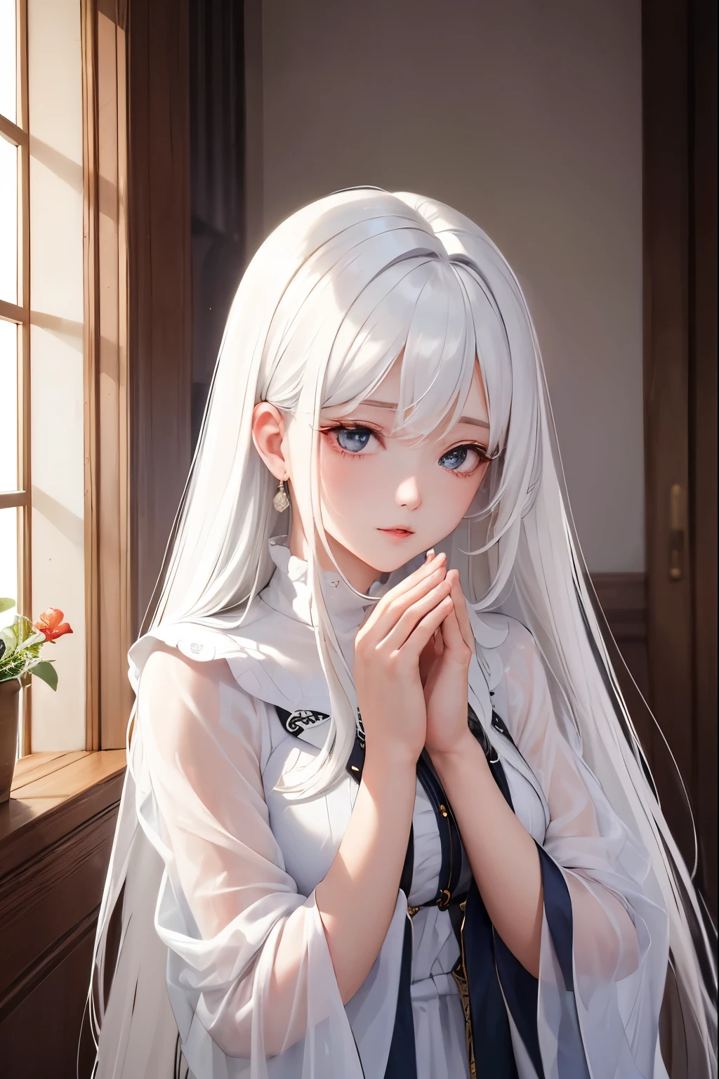 (Masterpiece), (Best Quality),Woman in Prayer,Delicate beautiful face,Light white hair, bangss,blind