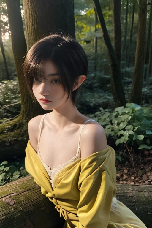 12 year old girl, Lovely, orange hair, Very short, Very curly, slim, flat bust, with freckles on the face, with slavic features, with kimono, bare shoulder and chest, Whole body, shows her legs, In the woods.