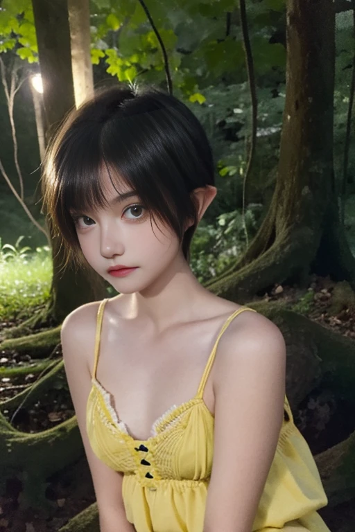 15 year old girl, short hair, yellow color, elf face slavic, freckles on the face, Skinny body, small bust, naked, Whole body, in the forest at night, the sky full of stars