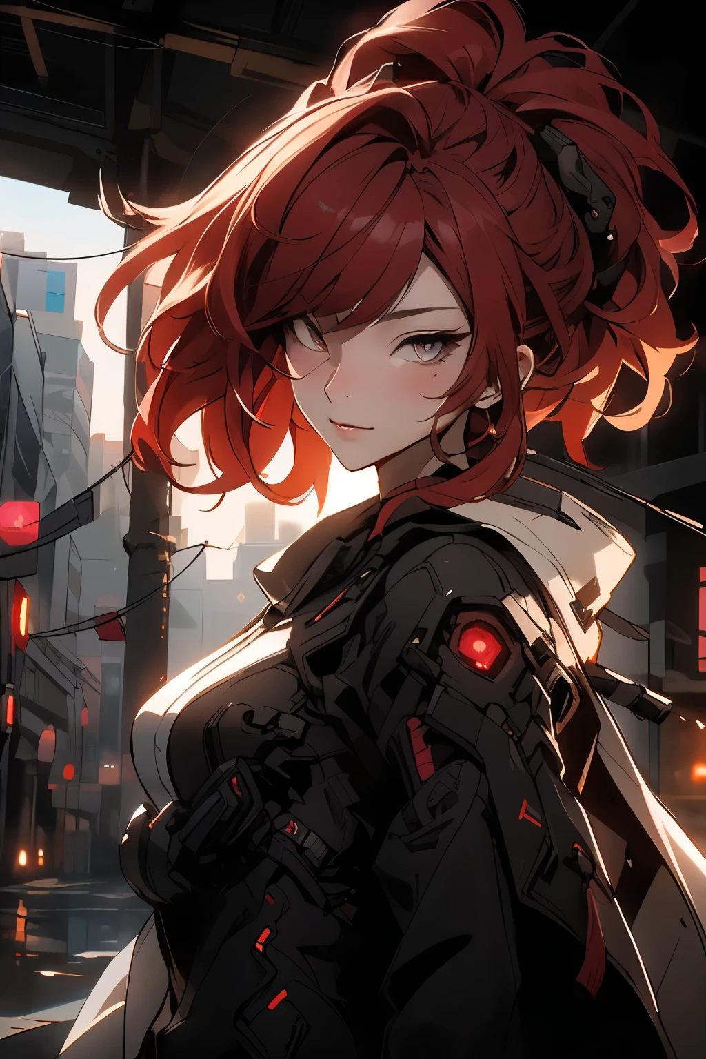 ((best quality)), ((Masterpiece)), (details:1.4), 3d, Image of a beautiful cyberpunk woman., HDR (high dynamic range), mature woman, Curtain Bangs, RED hair, white eyes, Cyber Samurai, PBR surface, After processing, Anisotropic filtration,depth of field, Maximum clarity and clarity, multi-layered surface, perfect proportions, 8K raw files, cyberpunk, at night, ผมหลายชั้น, กระโปรงสั้น, natural lighting, soft lighting, sunlight, หน้าอกใหญ่, Skyline background