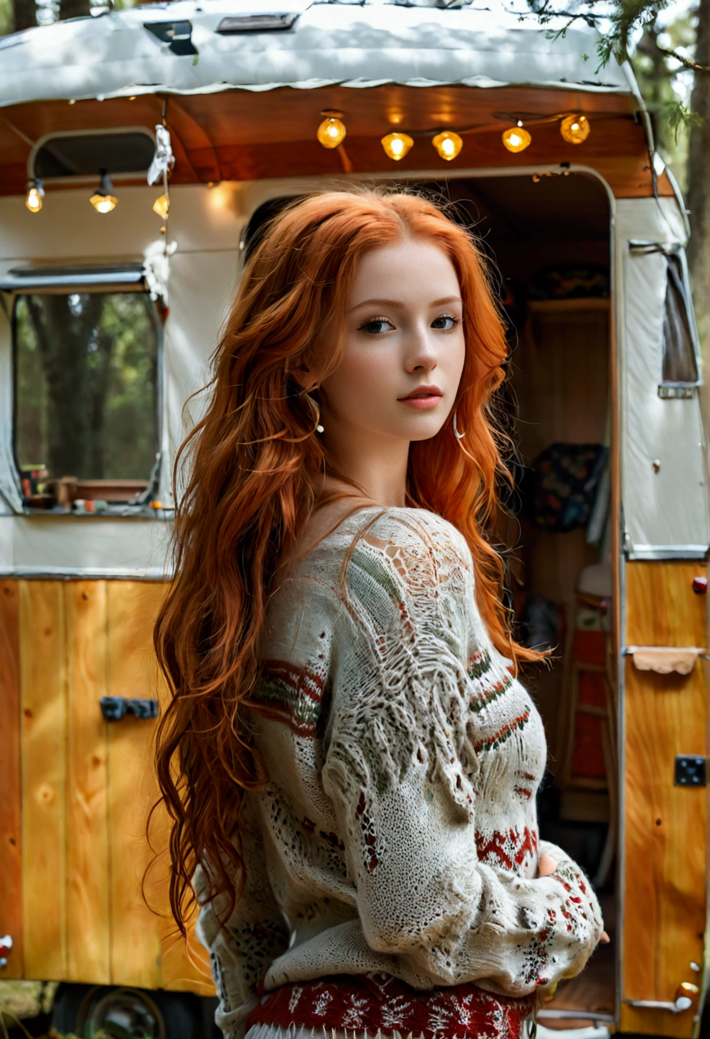(full body shot:1.1) photorealistic image of a (standing pose:1.1) woman, ultra realistic, photography, long red hair, girl, 24 years old, hourglass figure, perfect body, Flirty look, natural medium breasts, blur background, posing with a belly-free sweater in front of a caravan parked in the woods,