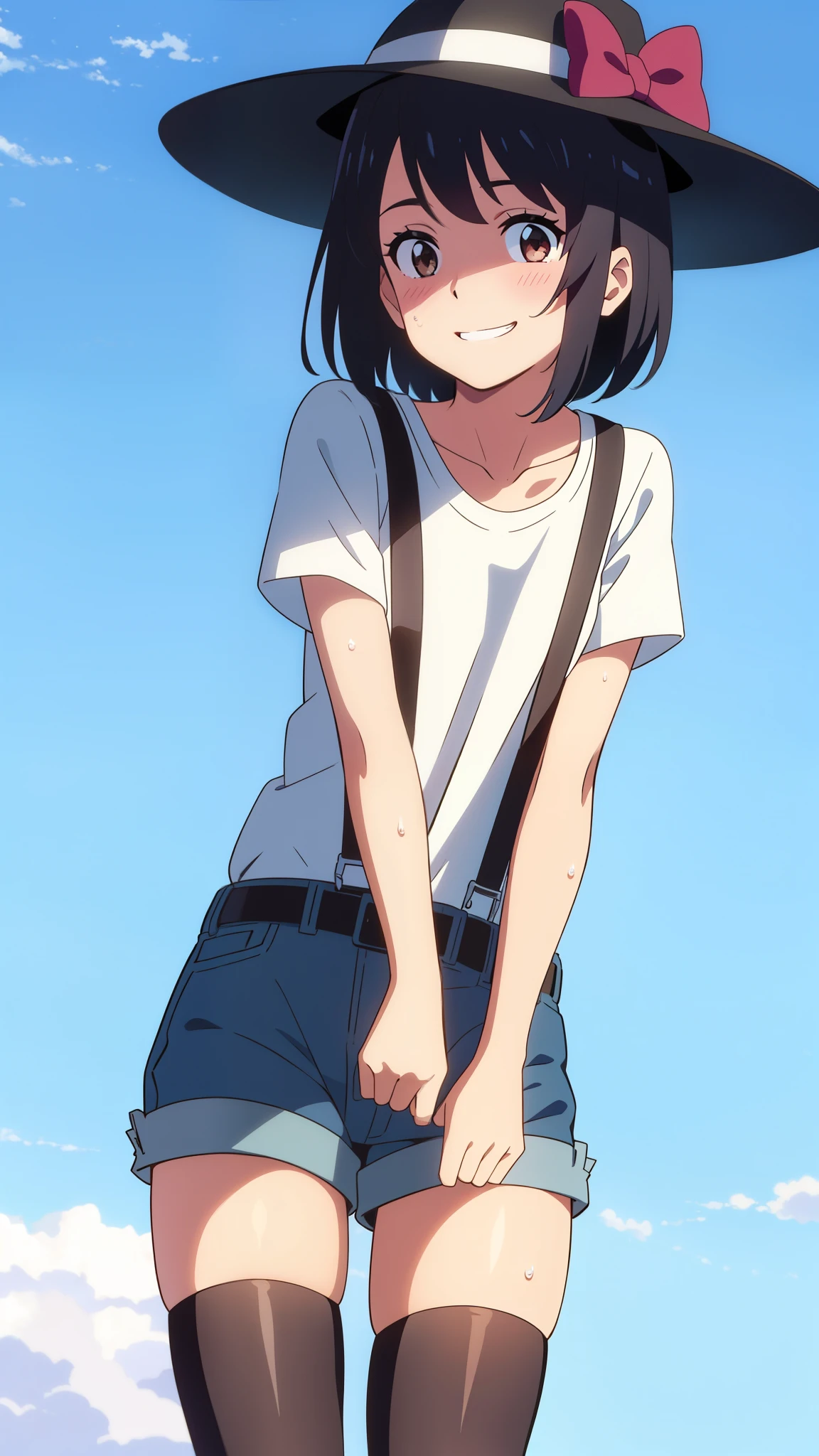 shinkai makoto, kimi no na wa., 1girl, bangs, black hair, blush, brown eyes, perfect face, looking at the viewer, bonnie hat, black suspenders, white t-shirt, bare shoulders, garterbelt, sight, blue shorts, belt, short hair, solo, shinny skin, smile, cute, grin, black thighhighs, blue sky background, sweat, (masterpiece), best quality