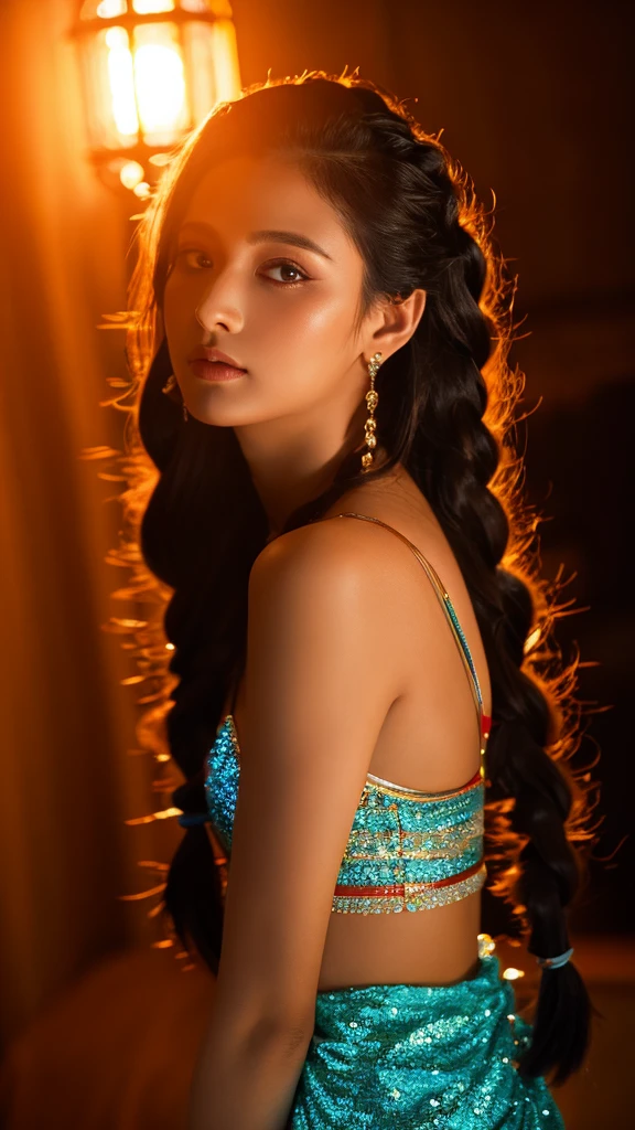 A stunning woman, elegant and brave, fashionable with long hair tied in stylish braids, party lights backlighting, playful, gritty raw photo, indian Arabian mix, (realistic, photorealistic, photo-realistic:1.4), best quality,4k,8k,highres,masterpiece:1.2,ultra-detailed,vivid colors,studio lighting,physically-based rendering,extreme detail description,professional,UHD