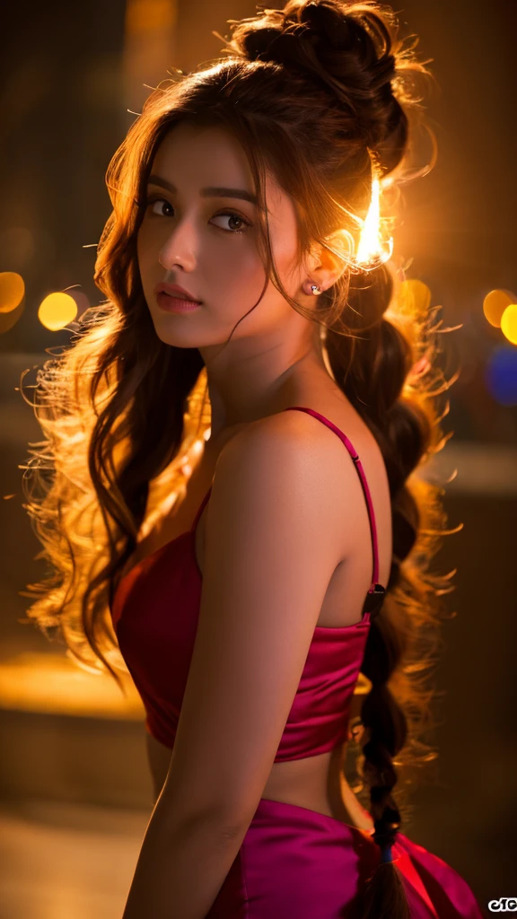 A stunning woman, elegant and brave, fashionable with long hair tied in stylish braids, party lights backlighting, playful, gritty raw photo, indian Arabian mix, (realistic, photorealistic, photo-realistic:1.4), best quality,4k,8k,highres,masterpiece:1.2,ultra-detailed,vivid colors,studio lighting,physically-based rendering,extreme detail description,professional,UHD