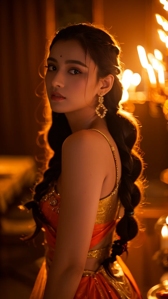 A stunning woman, elegant and brave, fashionable with long hair tied in stylish braids, party lights backlighting, playful, gritty raw photo, indian Arabian mix, (realistic, photorealistic, photo-realistic:1.4), best quality,4k,8k,highres,masterpiece:1.2,ultra-detailed,vivid colors,studio lighting,physically-based rendering,extreme detail description,professional,UHD
