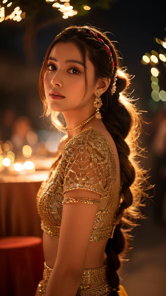 A stunning woman, elegant and brave, fashionable with long hair tied in stylish braids, party lights backlighting, playful, gritty raw photo, indian Arabian mix, (realistic, photorealistic, photo-realistic:1.4), best quality,4k,8k,highres,masterpiece:1.2,ultra-detailed,vivid colors,studio lighting,physically-based rendering,extreme detail description,professional,UHD