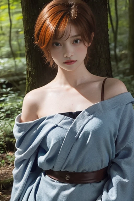17 year old girl, Lovely, orange hair, Very short, Very curly, slim, flat bust, with freckles on the face, with slavic features, with kimono, bare shoulder and chest, Whole body, shows her legs, In the woods.