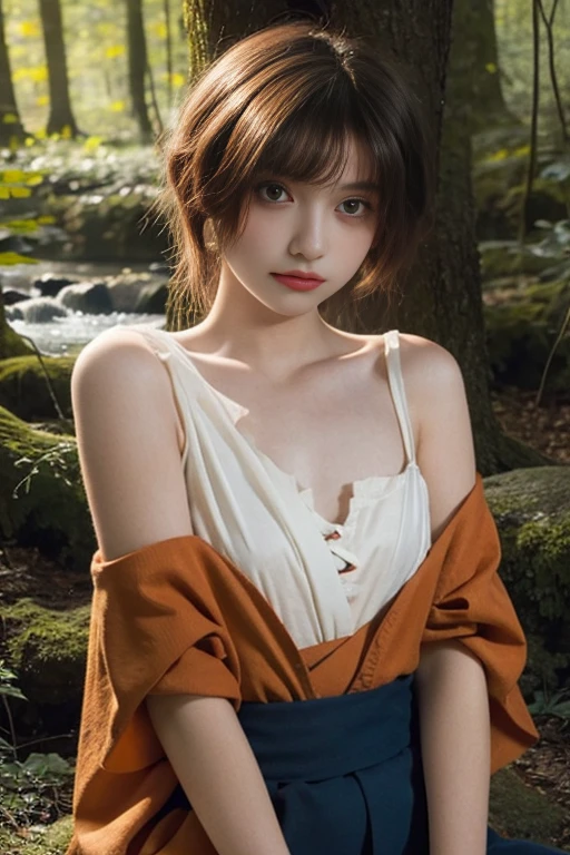 12 year old girl, Lovely, orange hair, Very short, Very curly, slim, flat bust, with freckles on the face, with slavic features, with kimono, bare shoulder and chest, Whole body, shows her legs, In the woods.