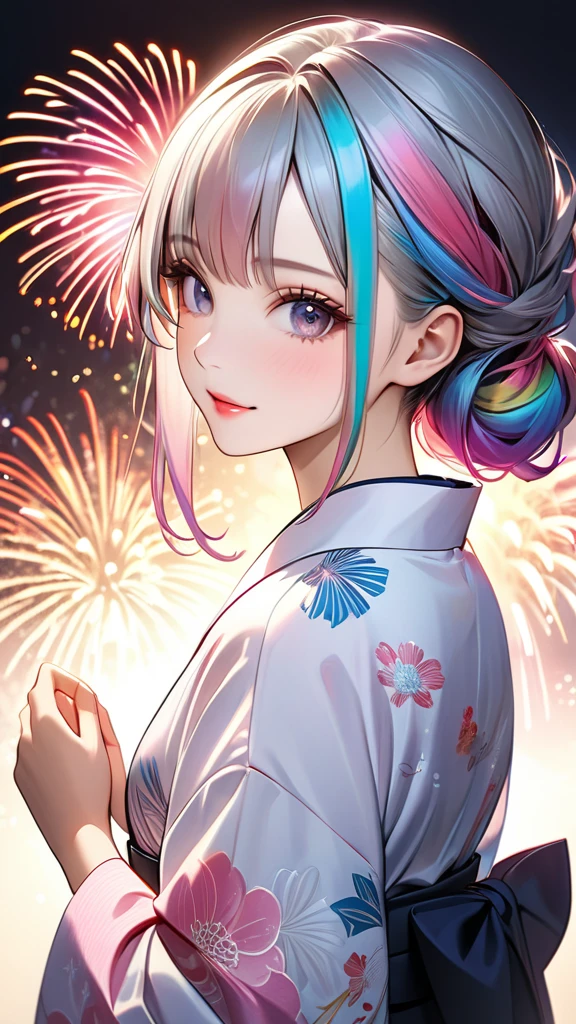 A beautiful and divine woman wearing a clean and refreshing white and pink yukata.々A beautiful woman.々Beautiful Goddess, Rainbow Hair,Medium long hairstyle,Beautiful attention to detail, Beautiful lip detail, Highly detailed face, Long eyelashes, Friendly and polite expressions, red, Round crystals in both hands, The perfect uniform, High quality lighting, Realistic, 8k, Highest quality, masterpiece, Professional, Studio Lighting,The background is a fireworks display,Fully facing backwards