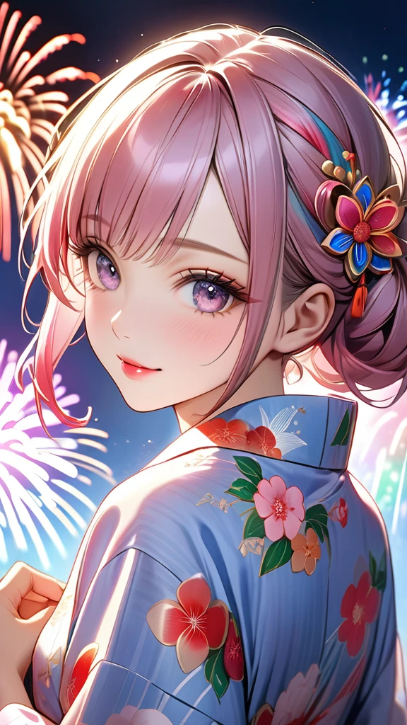 A beautiful and divine woman wearing a clean and refreshing white and pink yukata.々A beautiful woman.々Beautiful Goddess, Rainbow Hair,Medium long hairstyle,Beautiful attention to detail, Beautiful lip detail, Highly detailed face, Long eyelashes, Friendly and polite expressions, red, Round crystals in both hands, The perfect uniform, High quality lighting, Realistic, 8k, Highest quality, masterpiece, Professional, Studio Lighting,The background is a fireworks display,Fully facing backwards