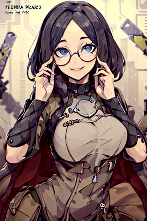 ((Best Quality)), ((Very detailed)), absurdities, (detailed eyes, deep eyes), (1 girl), (Glasses), forced perspective, dynamic pose, Upper part of the body, nerd, round Glasses, thick rimmed Glasses, smile, 